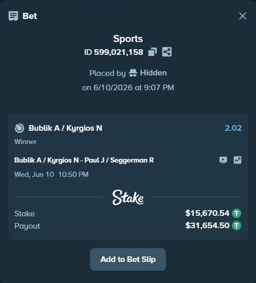 Bet slip: Bublik A / Kyrgios N - Paul J / Seggerman R, $15,686.21 stake at 2.02 odds, placed by Hidden
