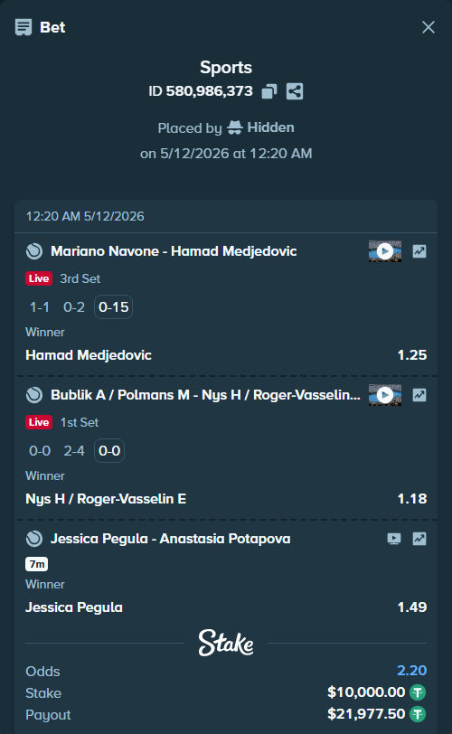 Bet slip: Bublik A / Polmans M - Nys H / Roger-Vasselin E, $10,000.00 stake at 1.18 odds, placed by Hidden