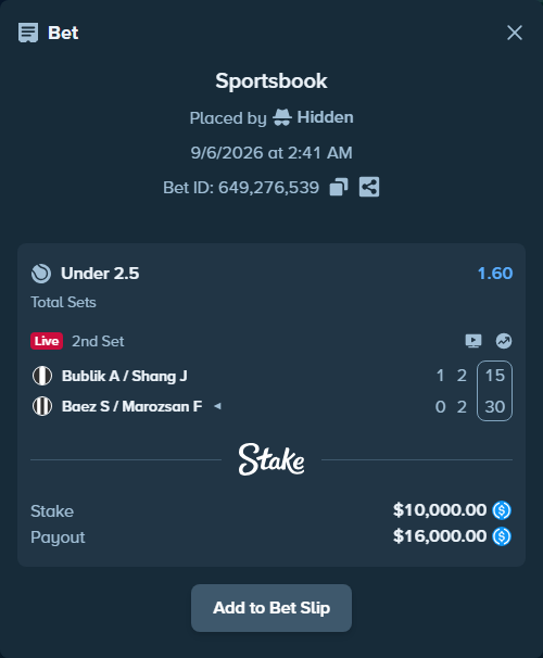 Bet slip: Bublik A / Shang J - Baez S / Marozsan F, $10,000.00 stake at 1.60 odds, placed by Hidden