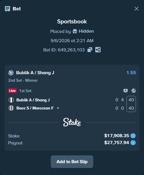 Bet slip: Bublik A / Shang J - Baez S / Marozsan F, $17,908.35 stake at 1.55 odds, placed by Hidden