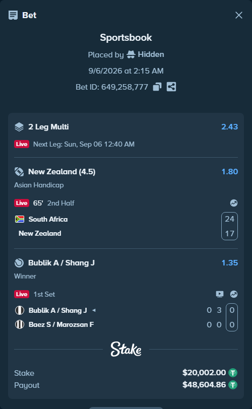 Bet slip: Bublik A / Shang J - Baez S / Marozsan F, $20,000.00 stake at 1.35 odds, placed by Hidden