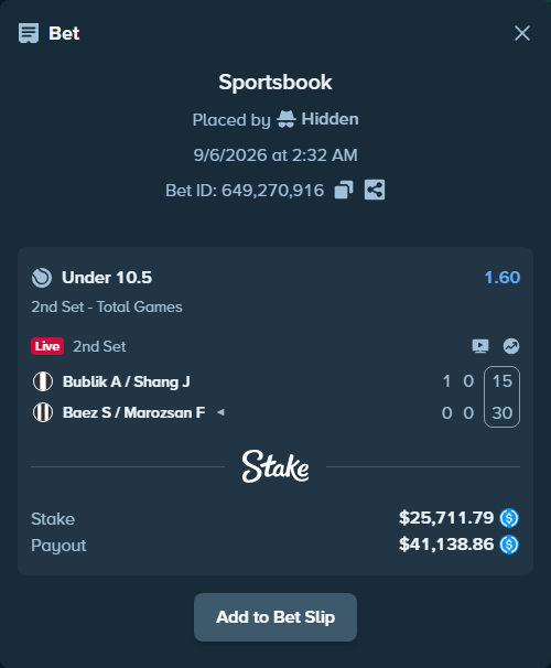 Bet slip: Bublik A / Shang J - Baez S / Marozsan F, $25,711.79 stake at 1.60 odds, placed by Hidden