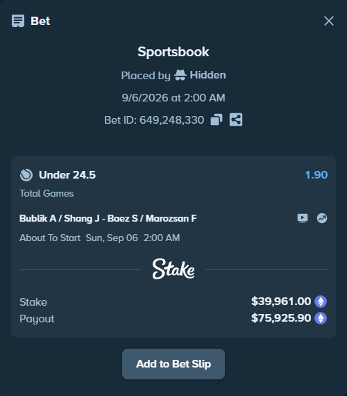 Bet slip: Bublik A / Shang J - Baez S / Marozsan F, $40,299.12 stake at 1.90 odds, placed by Hidden