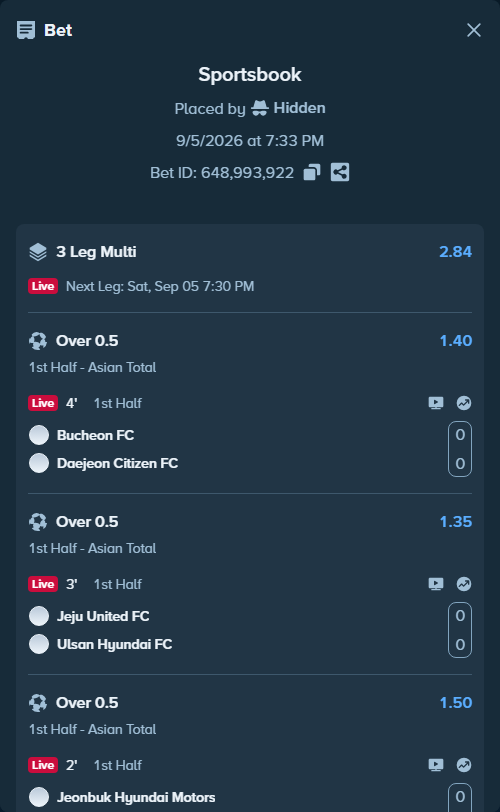 Bet slip: Bucheon FC 1995 - Daejeon Citizen FC, $70,000.00 stake at 1.40 odds, placed by Hidden