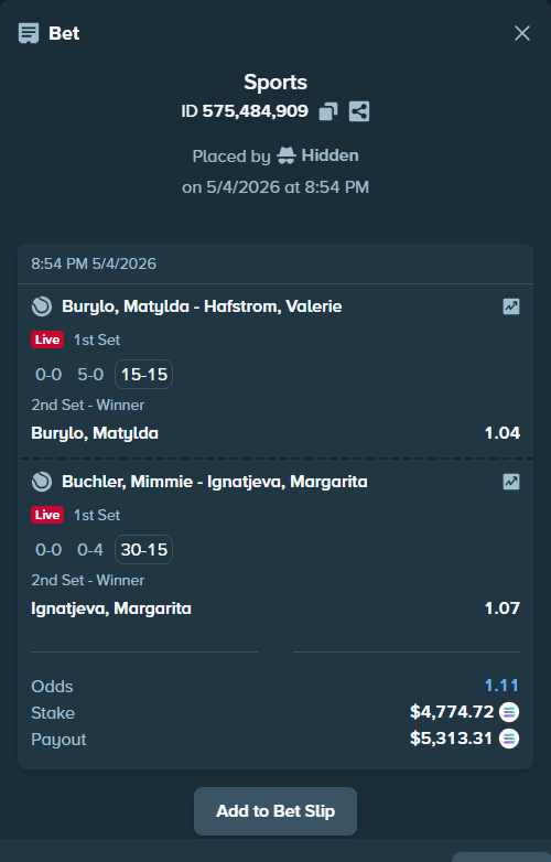 Bet slip: Buchler, Mimmie - Ignatjeva, Margarita, $4,177.35 stake at 1.07 odds, placed by benverdem