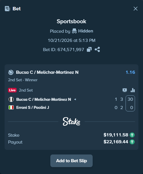 Bet slip: Bucsa C / Melichar-Martinez N - Errani S / Paolini J, $19,130.70 stake at 1.16 odds, placed by Hidden