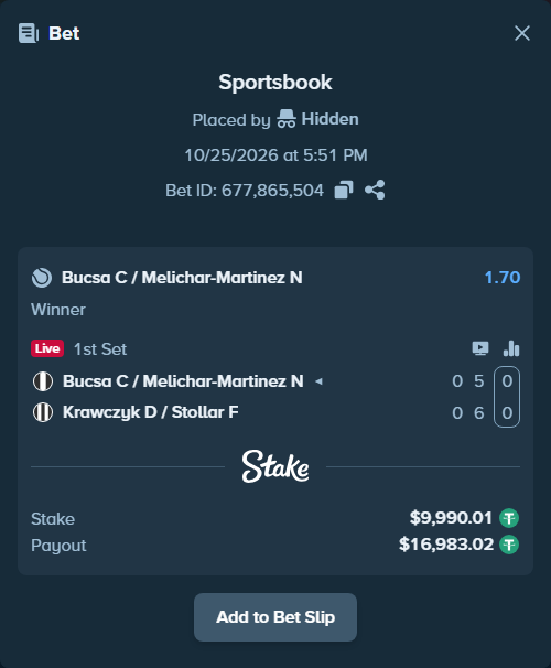 Bet slip: Bucsa C / Melichar-Martinez N - Krawczyk D / Stollar F, $10,000.00 stake at 1.70 odds, placed by Majorek