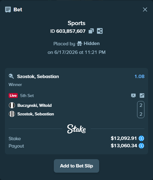 Bet slip: Buczynski, Witold - Szostok, Sebastian, $12,092.91 stake at 1.08 odds, placed by Hidden