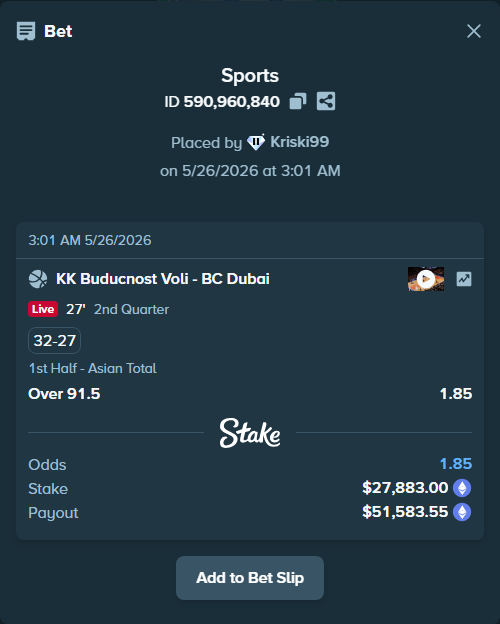 Bet slip: Buducnost Podgorica - Dubai Basketball, $22,670.25 stake at 1.85 odds, placed by Kriski99