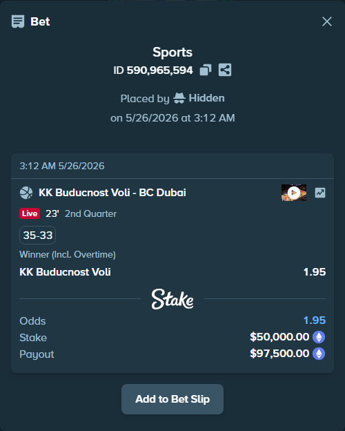 Bet slip: Buducnost Podgorica - Dubai Basketball, $40,695.82 stake at 1.95 odds, placed by Hidden
