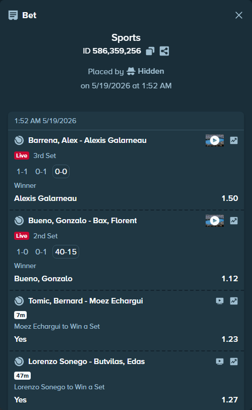 Bet slip: Bueno, Gonzalo - Bax, Florent, $23,680.00 stake at 1.12 odds, placed by Hidden