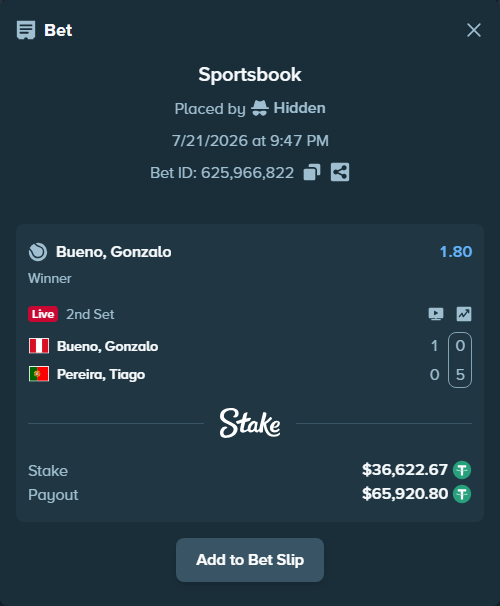 Bet slip: Bueno, Gonzalo - Pereira, Tiago, $36,659.29 stake at 1.80 odds, placed by Hidden