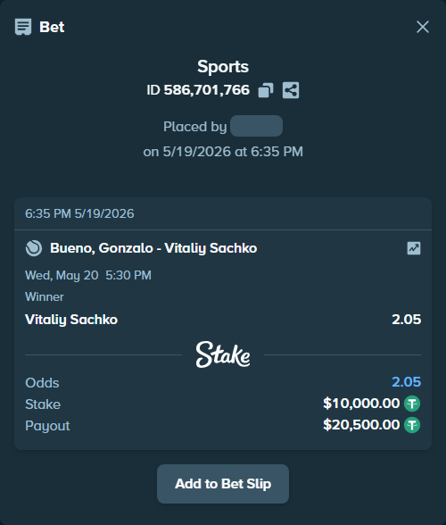 Bet slip: Bueno, Gonzalo - Vitaliy Sachko, $10,010.00 stake at 2.05 odds, placed by Jcalle19