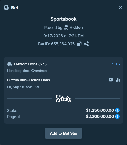 Bet slip: Buffalo Bills - Detroit Lions, $1,250,000.00 stake at 1.76 odds, placed by Hidden
