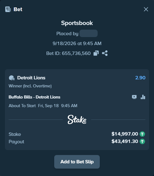 Bet slip: Buffalo Bills - Detroit Lions, $15,012.00 stake at 2.90 odds, placed by WIZCAPA