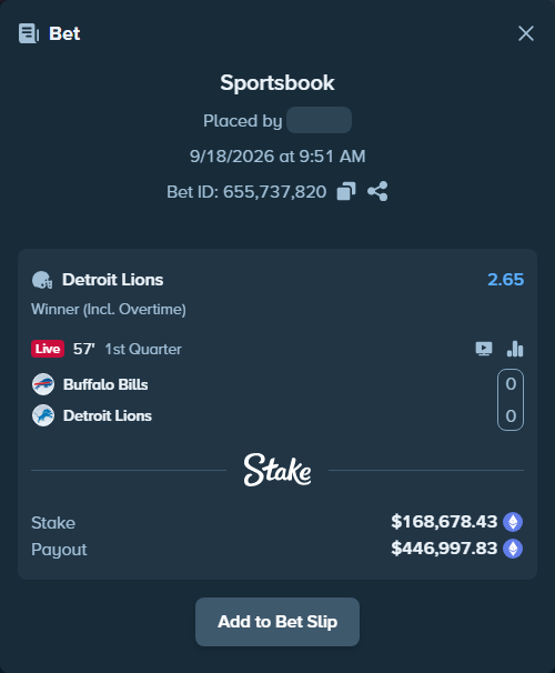 Bet slip: Buffalo Bills - Detroit Lions, $171,721.11 stake at 2.65 odds, placed by XposedTwirch