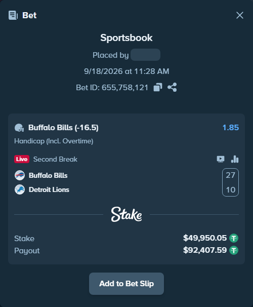 Bet slip: Buffalo Bills - Detroit Lions, $50,000.00 stake at 1.85 odds, placed by dvento