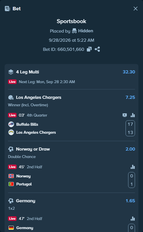 Bet slip: Buffalo Bills - Los Angeles Chargers, $25,000.00 stake at 7.25 odds, placed by Hidden