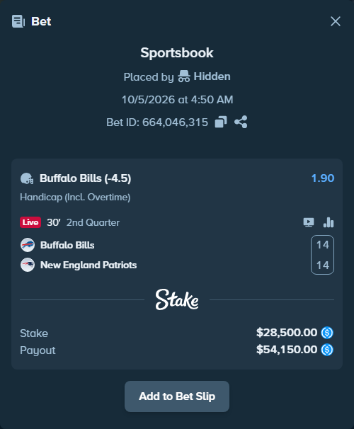 Bet slip: Buffalo Bills - New England Patriots, $28,500.00 stake at 1.90 odds, placed by bonkalive