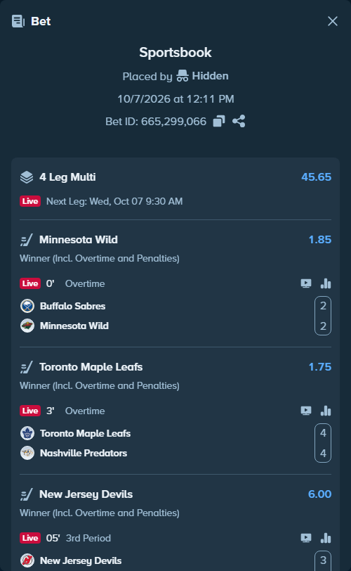 Bet slip: Buffalo Sabres - Minnesota Wild, $15,000.00 stake at 1.85 odds, placed by Hidden