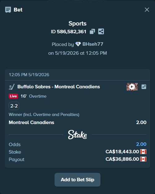 Bet slip: Buffalo Sabres - Montreal Canadiens, $13,647.82 stake at 2.00 odds, placed by BHseh77