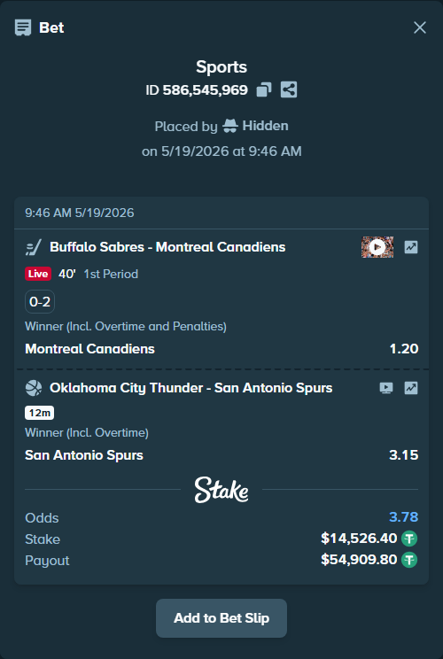 Bet slip: Buffalo Sabres - Montreal Canadiens, $14,540.93 stake at 1.20 odds, placed by Hidden