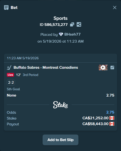 Bet slip: Buffalo Sabres - Montreal Canadiens, $15,726.48 stake at 2.75 odds, placed by BHseh77