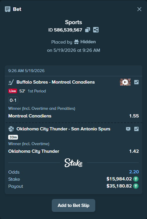 Bet slip: Buffalo Sabres - Montreal Canadiens, $16,000.00 stake at 1.55 odds, placed by Hidden