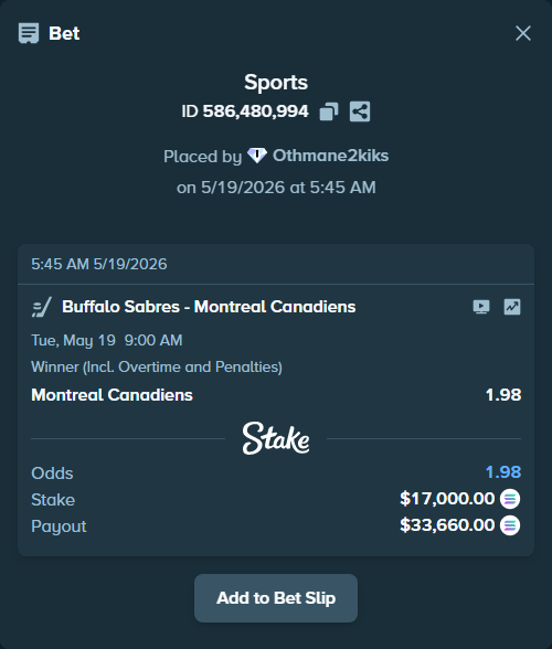 Bet slip: Buffalo Sabres - Montreal Canadiens, $14,593.29 stake at 1.98 odds, placed by Othmane2kiks