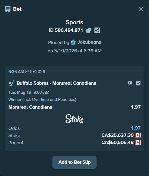 Bet slip: Buffalo Sabres - Montreal Canadiens, $18,971.60 stake at 1.97 odds, placed by Jokubeans