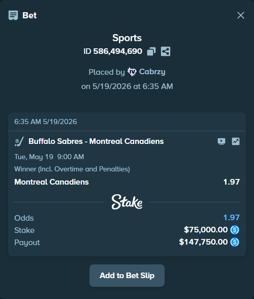 Bet slip: Buffalo Sabres - Montreal Canadiens, $75,000.00 stake at 1.97 odds, placed by Cabrzy