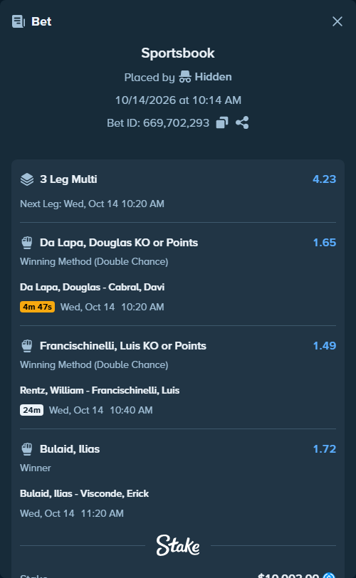 Bet slip: Bulaid, Ilias - Visconde, Erick, $10,002.00 stake at 1.72 odds, placed by MrDivinity