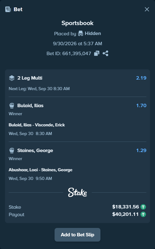 Bet slip: Bulaid, Ilias - Visconde, Erick, $18,331.56 stake at 1.70 odds, placed by Hidden