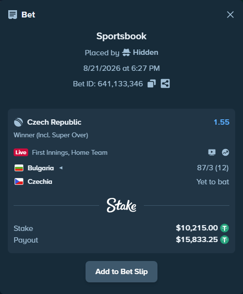 Bet slip: Bulgaria - Czechia, $10,215.00 stake at 1.55 odds, placed by Hidden