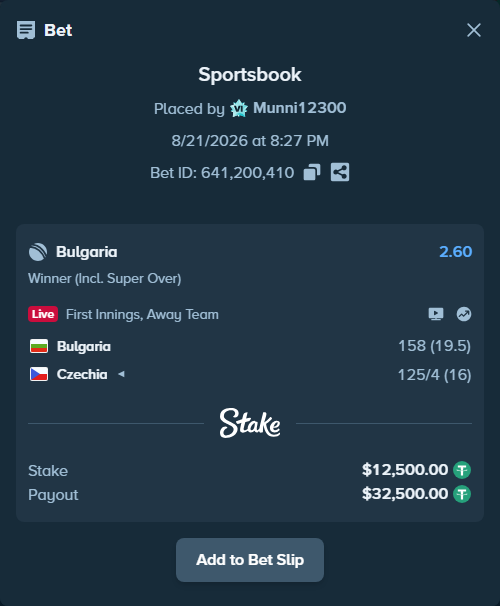 Bet slip: Bulgaria - Czechia, $12,500.00 stake at 2.60 odds, placed by Munni12300