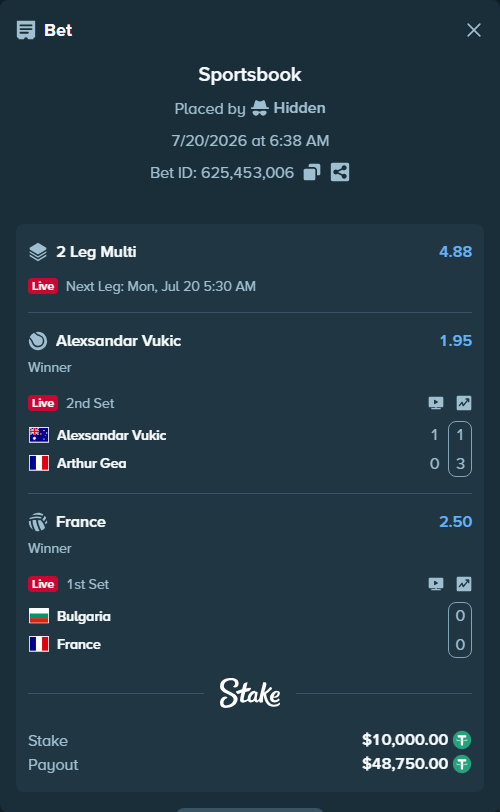 Bet slip: Bulgaria - France, $10,000.00 stake at 2.50 odds, placed by Hidden