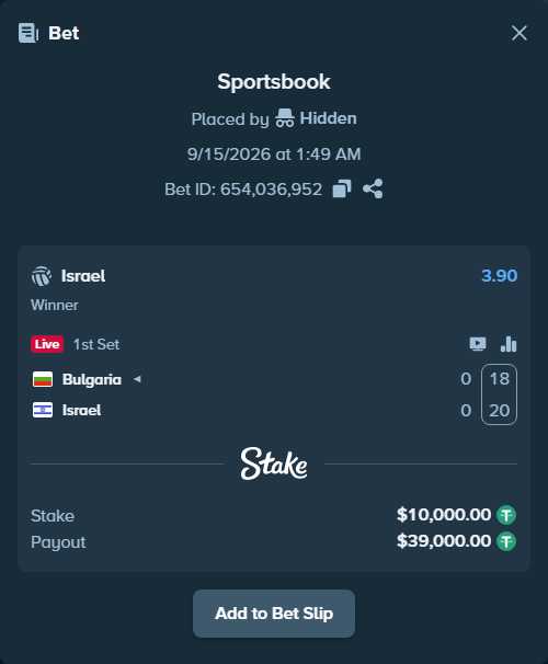 Bet slip: Bulgaria - Israel, $10,000.00 stake at 3.90 odds, placed by Hidden