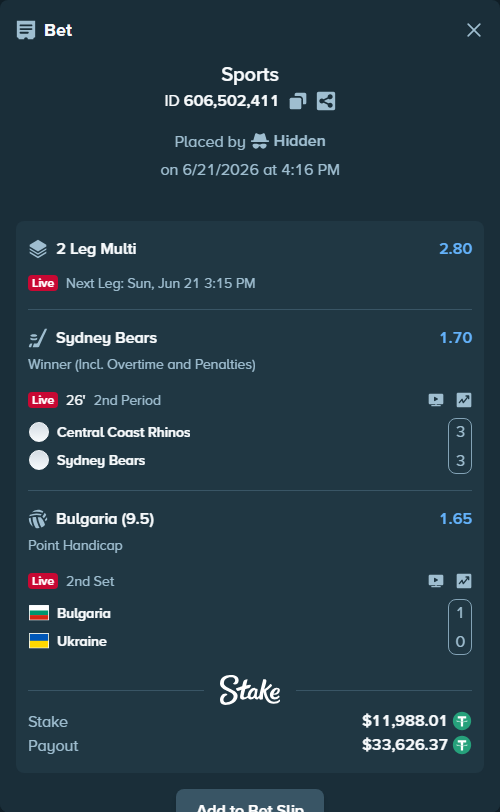 Bet slip: Bulgaria - Ukraine, $12,000.00 stake at 1.65 odds, placed by Hidden