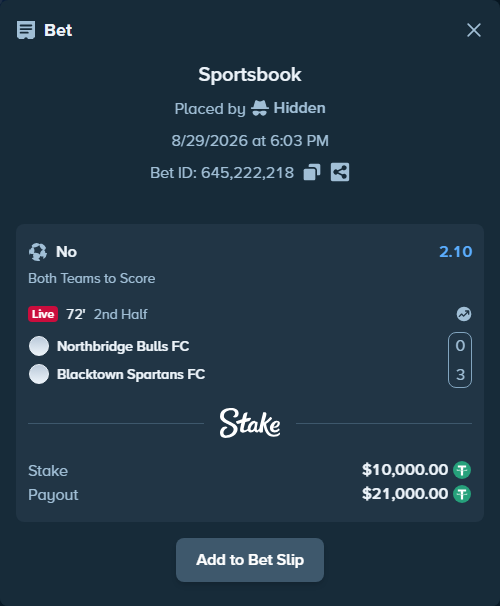 Bet slip: Bulls FC Academy - Blacktown Spartans FC, $10,000.00 stake at 2.10 odds, placed by Hidden