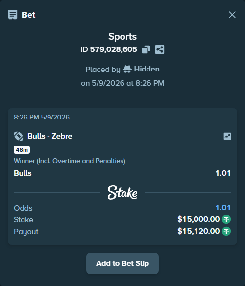 Bet slip: Bulls - Zebre, $15,000.00 stake at 1.01 odds, placed by Hidden