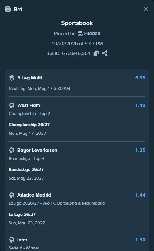 Bet slip: Bundesliga 26/27, $18,200.00 stake at 1.25 odds, placed by Tarik1000
