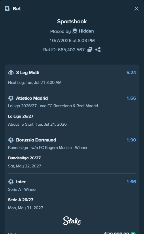 Bet slip: Bundesliga 26/27, $20,000.00 stake at 1.90 odds, placed by Tarik1000