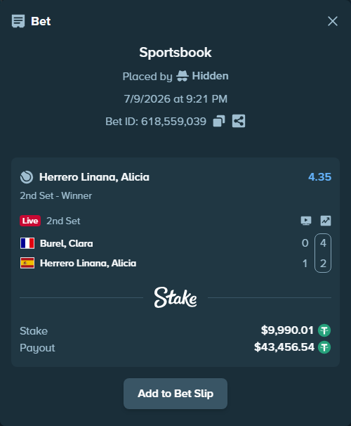 Bet slip: Burel, Clara - Alicia Herrero Linana, $10,000.00 stake at 4.35 odds, placed by Hidden