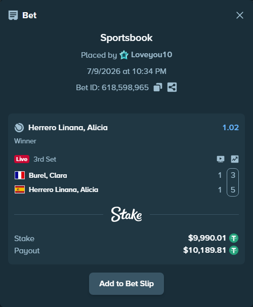 Bet slip: Burel, Clara - Alicia Herrero Linana, $10,000.00 stake at 1.02 odds, placed by Loveyou10