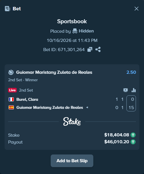 Bet slip: Burel, Clara - Guiomar Maristany Zuleta de Reales, $18,422.48 stake at 2.50 odds, placed by Hidden