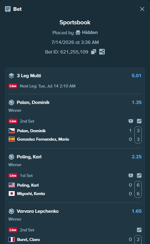 Bet slip: Burel, Clara - Varvara Lepchenko, $10,000.00 stake at 1.65 odds, placed by Hidden
