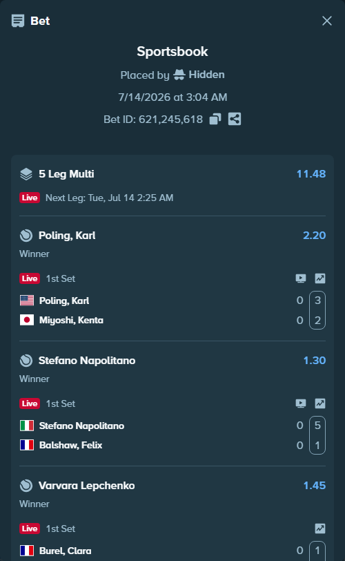 Bet slip: Burel, Clara - Varvara Lepchenko, $20,000.00 stake at 1.45 odds, placed by Hidden