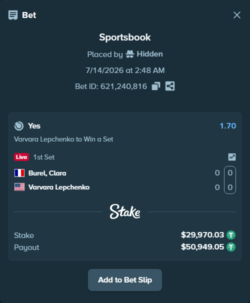 Bet slip: Burel, Clara - Varvara Lepchenko, $30,000.00 stake at 1.70 odds, placed by Hidden
