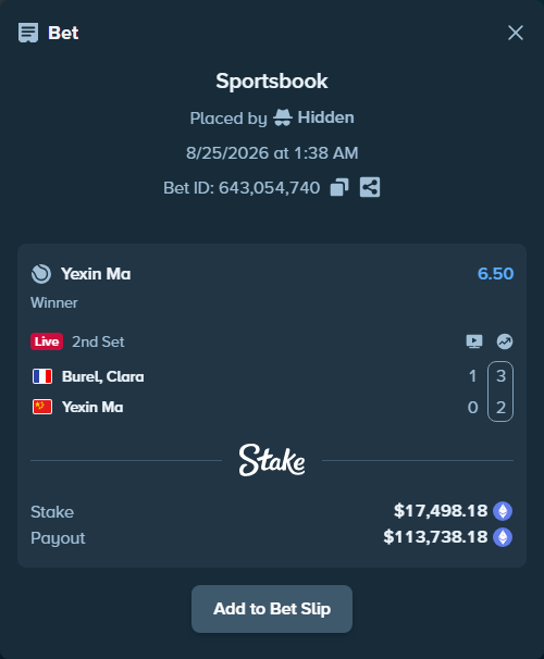 Bet slip: Burel, Clara - Yexin Ma, $17,477.80 stake at 6.50 odds, placed by Hidden