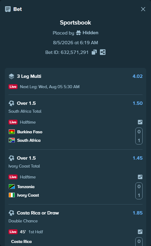 Bet slip: Burkina Faso - South Africa, $17,377.03 stake at 1.50 odds, placed by Hidden
